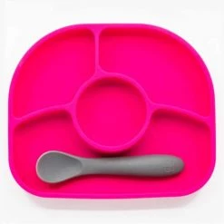 BBluv Vaisselle Enfant Assiette Compartiments Ventousée Et Cuillère En Silicone Rose Et Gris
