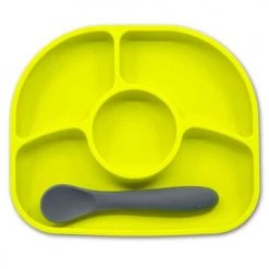 BBluv Vaisselle Enfant Assiette Compartiments Ventousée Et Cuillère En Silicone Vert Et Gris